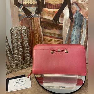 PRADA Ribbon Logo Pink Saffiano Leather Zip Around Long Wallet